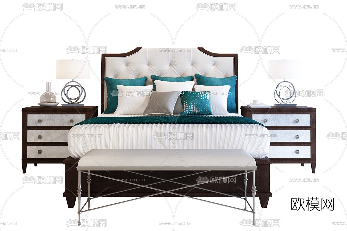 美式双人床床头柜床尾凳组合3D模型下载（渲染图2）
