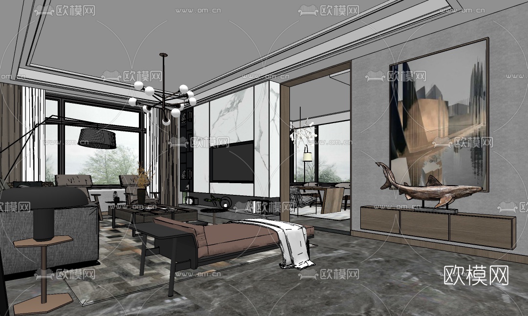 现代轻奢客餐厅su模型下载