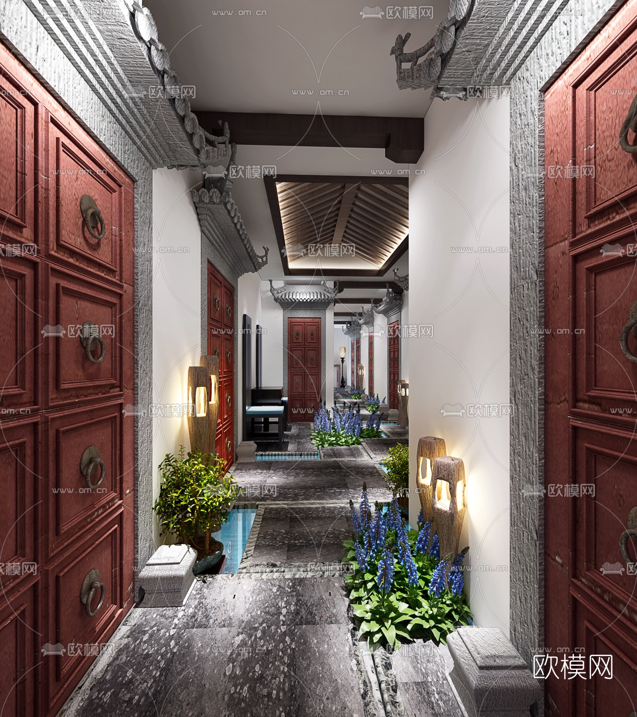 中式会所过道3D模型