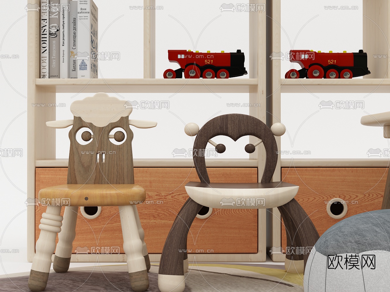 现代实木儿童书桌椅书架书籍组合3D模型下载（渲染图2）