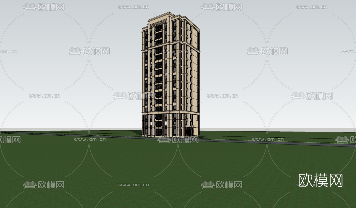 新古典高层公寓楼su模型下载（渲染图1）