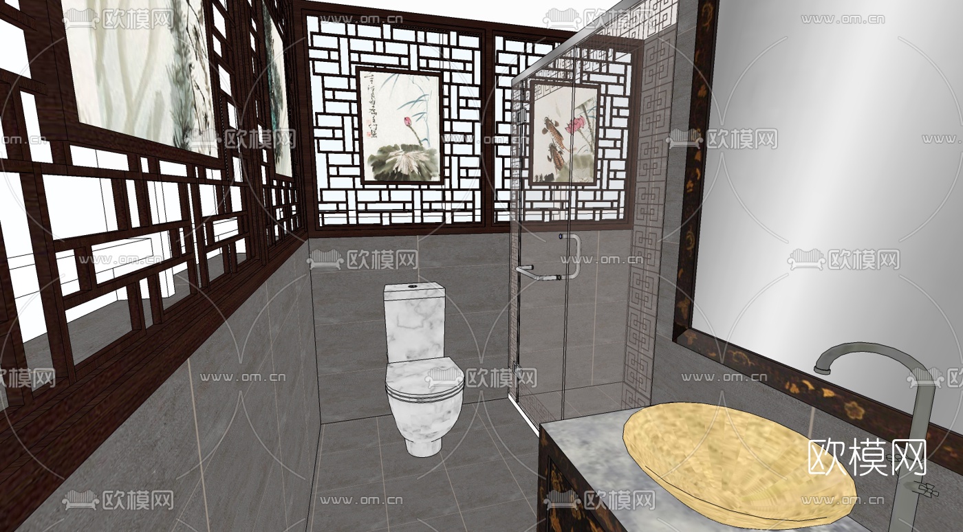 中式卫生间免费su模型下载（渲染图1）