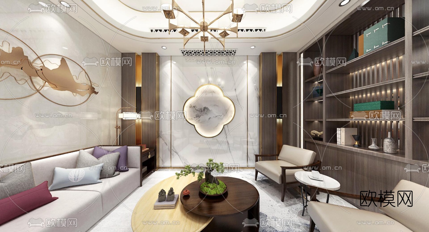 新中式客厅麻将室全景3d模型