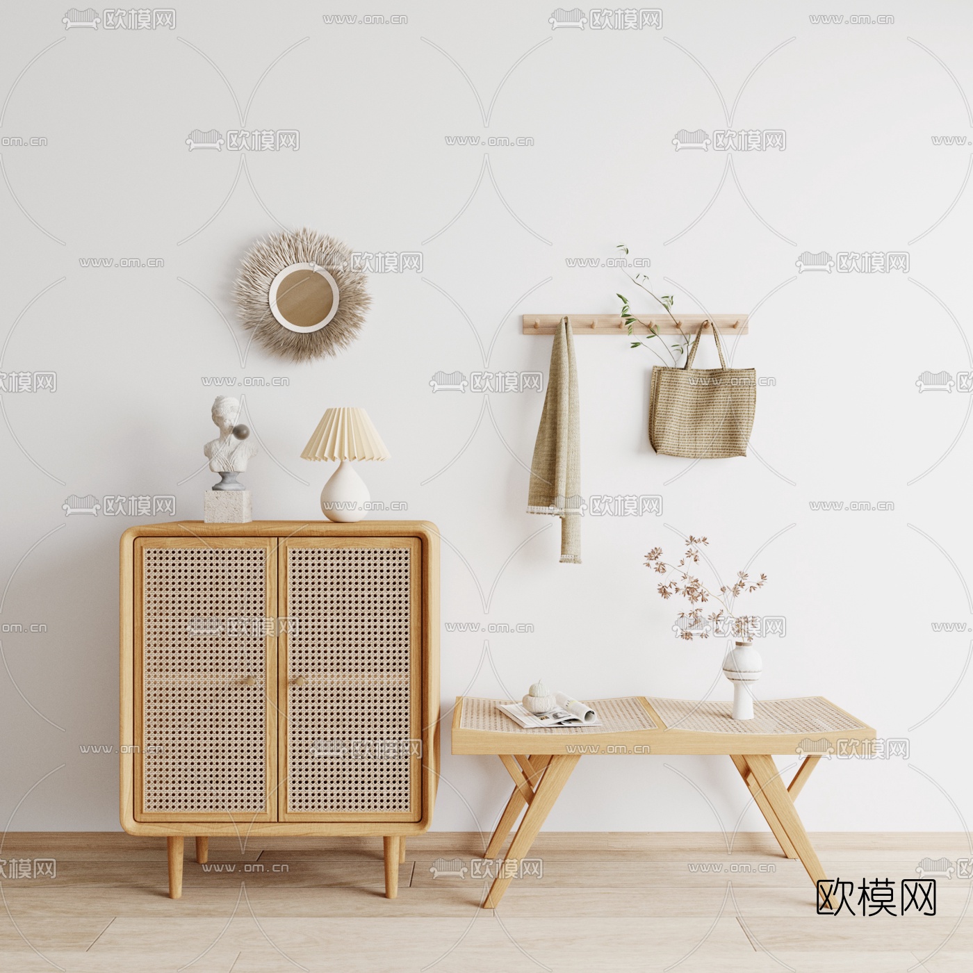 北欧藤编鞋柜su模型下载（渲染图1）