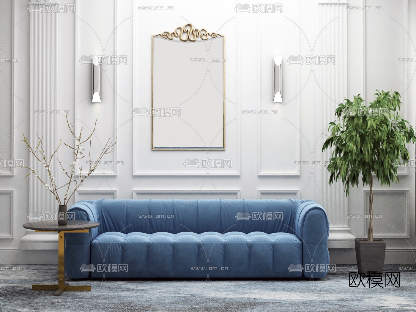 简欧布艺双人沙发3d模型下载（渲染图2）