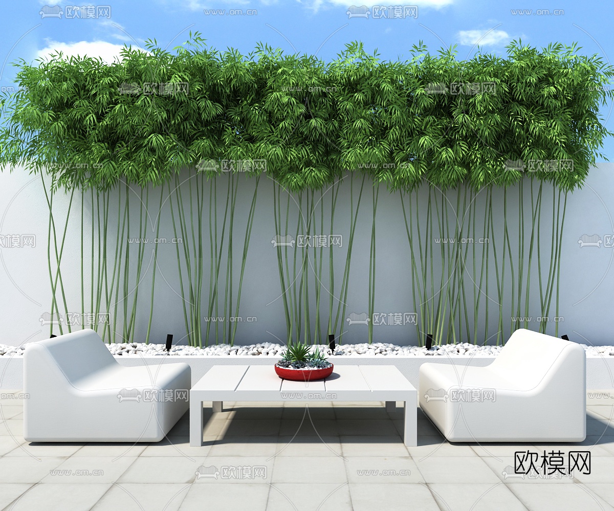 现代户外休闲沙发茶几竹子鹅卵石组合3D模型