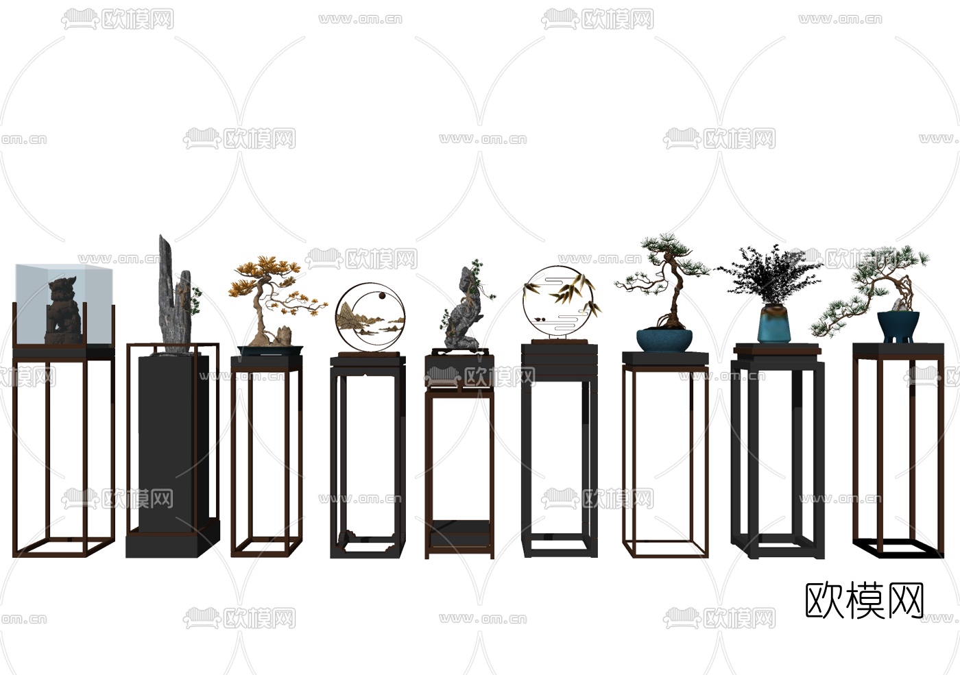 新中式松树盆栽摆件组合su模型
