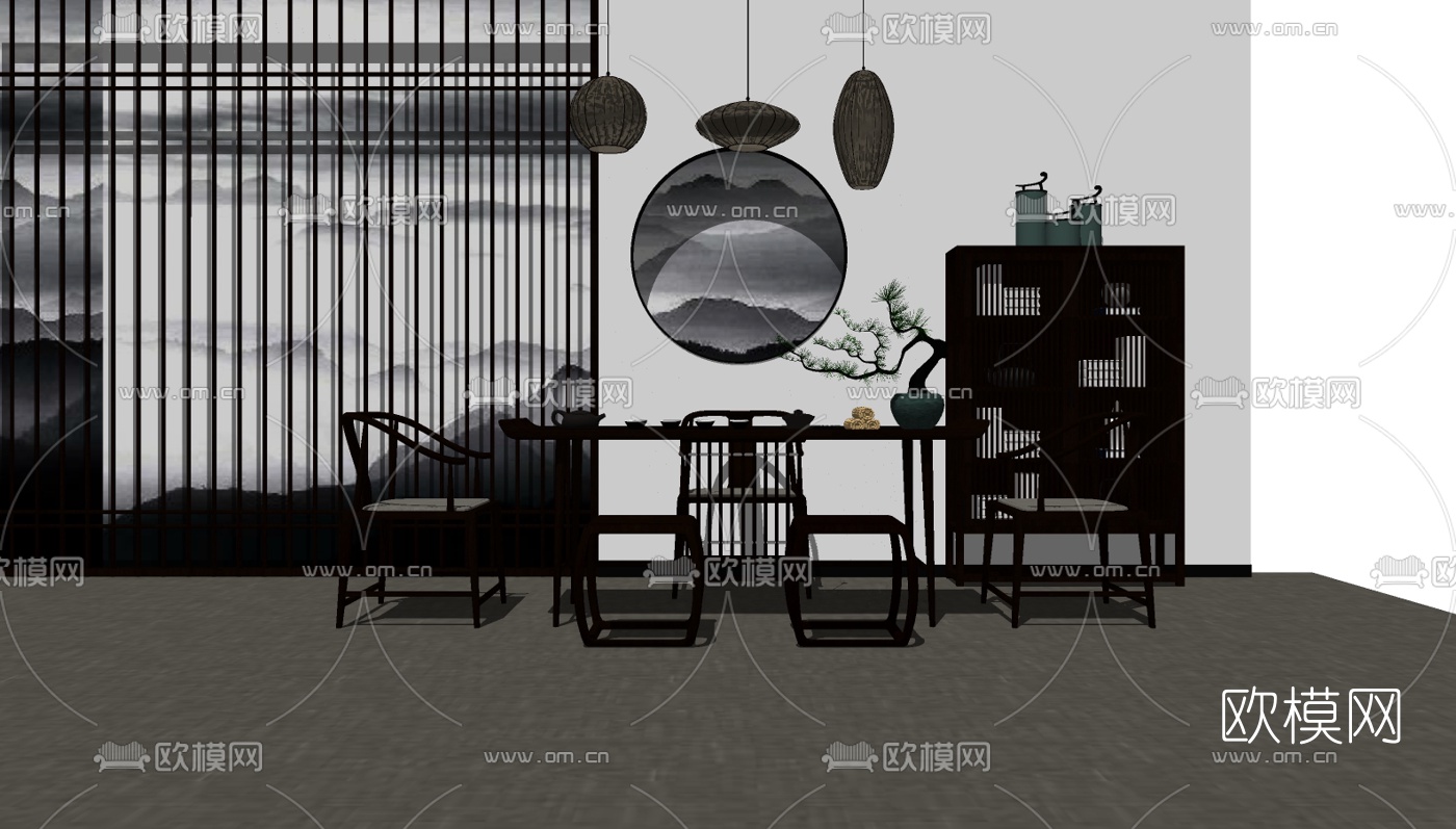 新中式实木茶桌椅组合su模型下载（渲染图2）