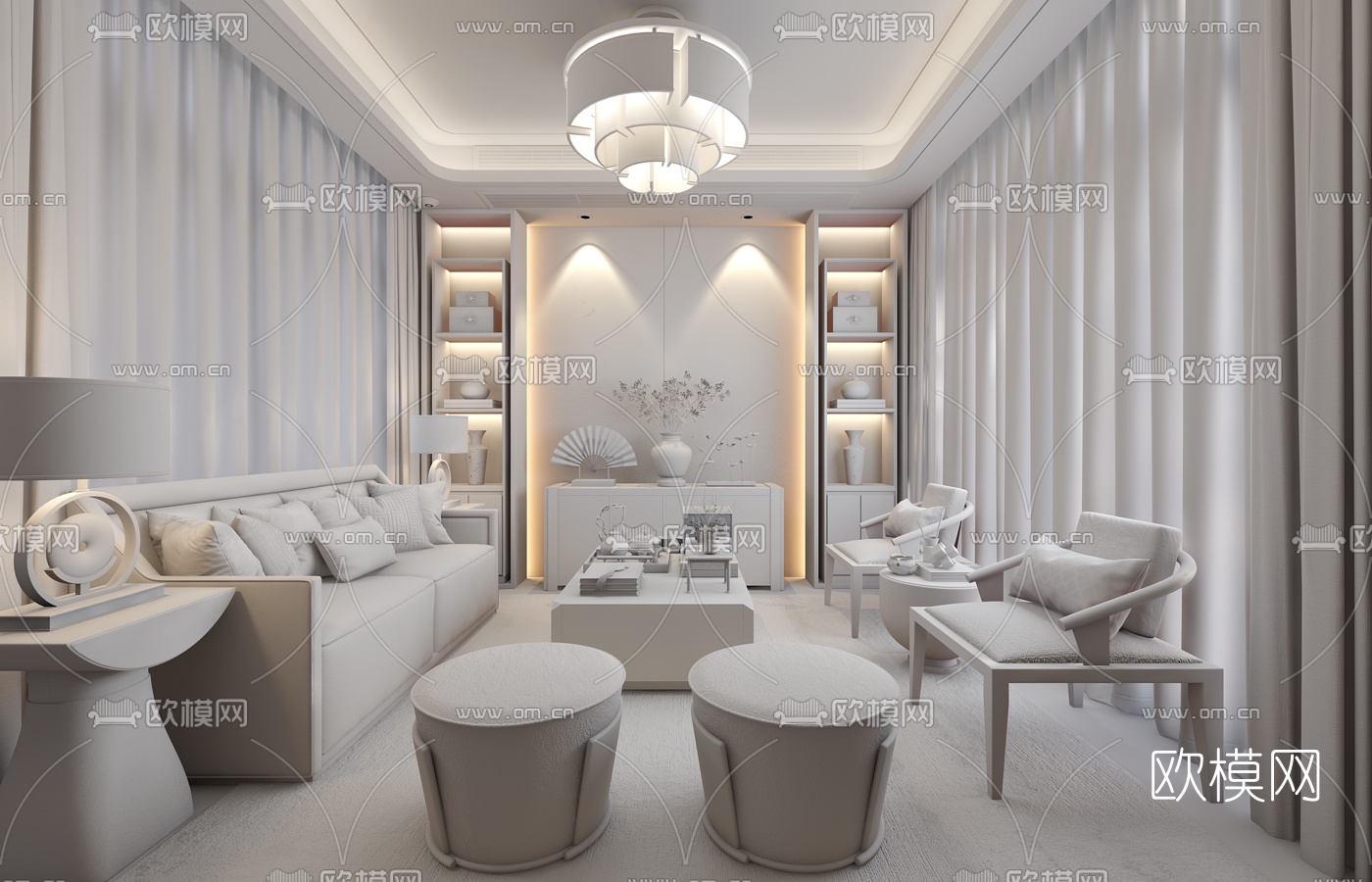 美致家居设计 新中式客厅3d模型下载（渲染图4）