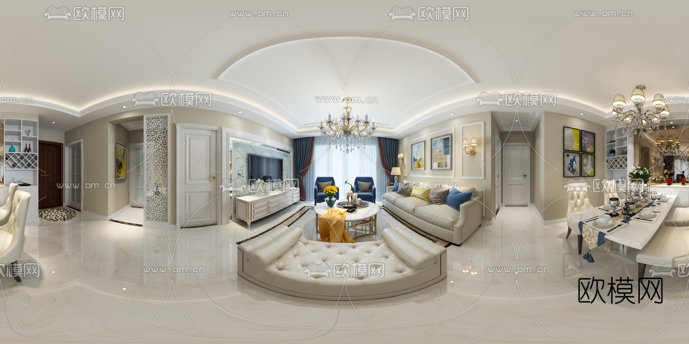 简欧客厅餐厅全景3D模型