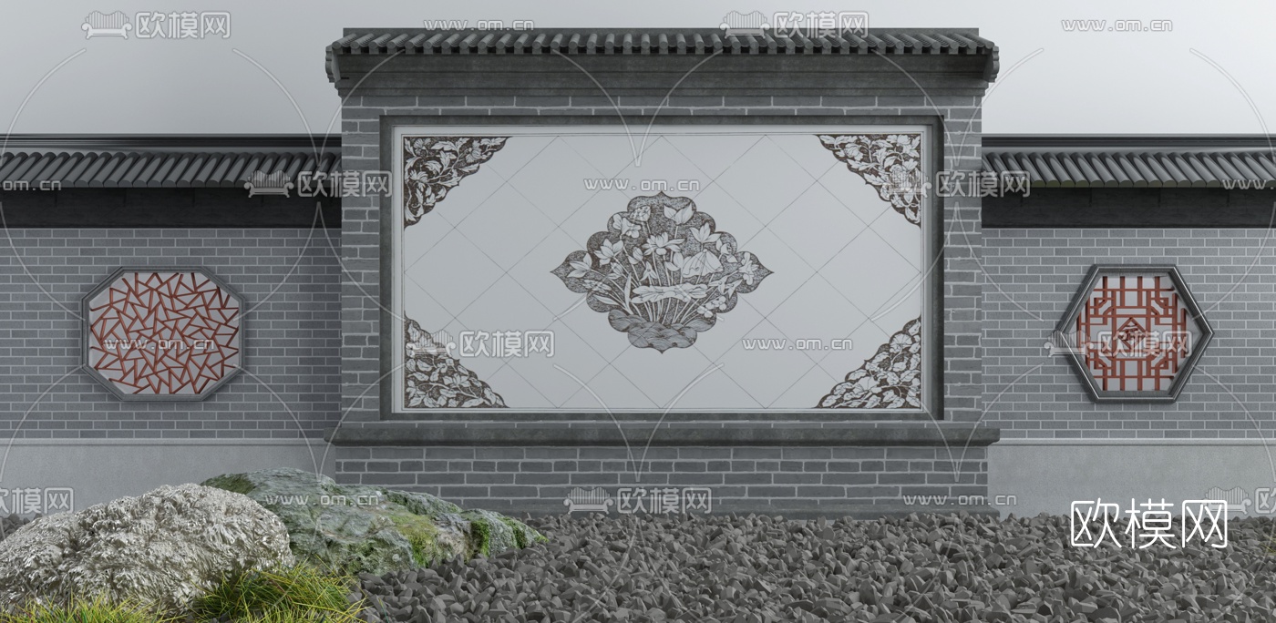 新中式庭院照壁卵石小品3d模型下载