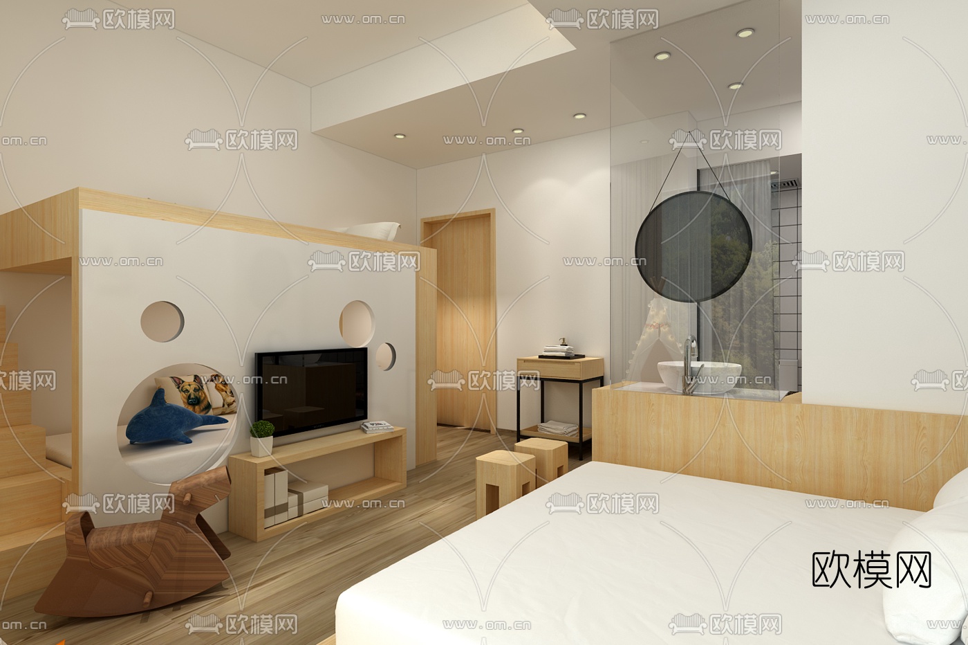 现代民宿客房亲子房免费3d模型-免费3dmax模型库-欧模网