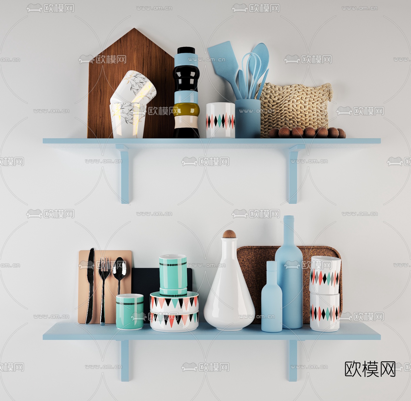 现代厨房厨具餐具摆件组合3d模型下载