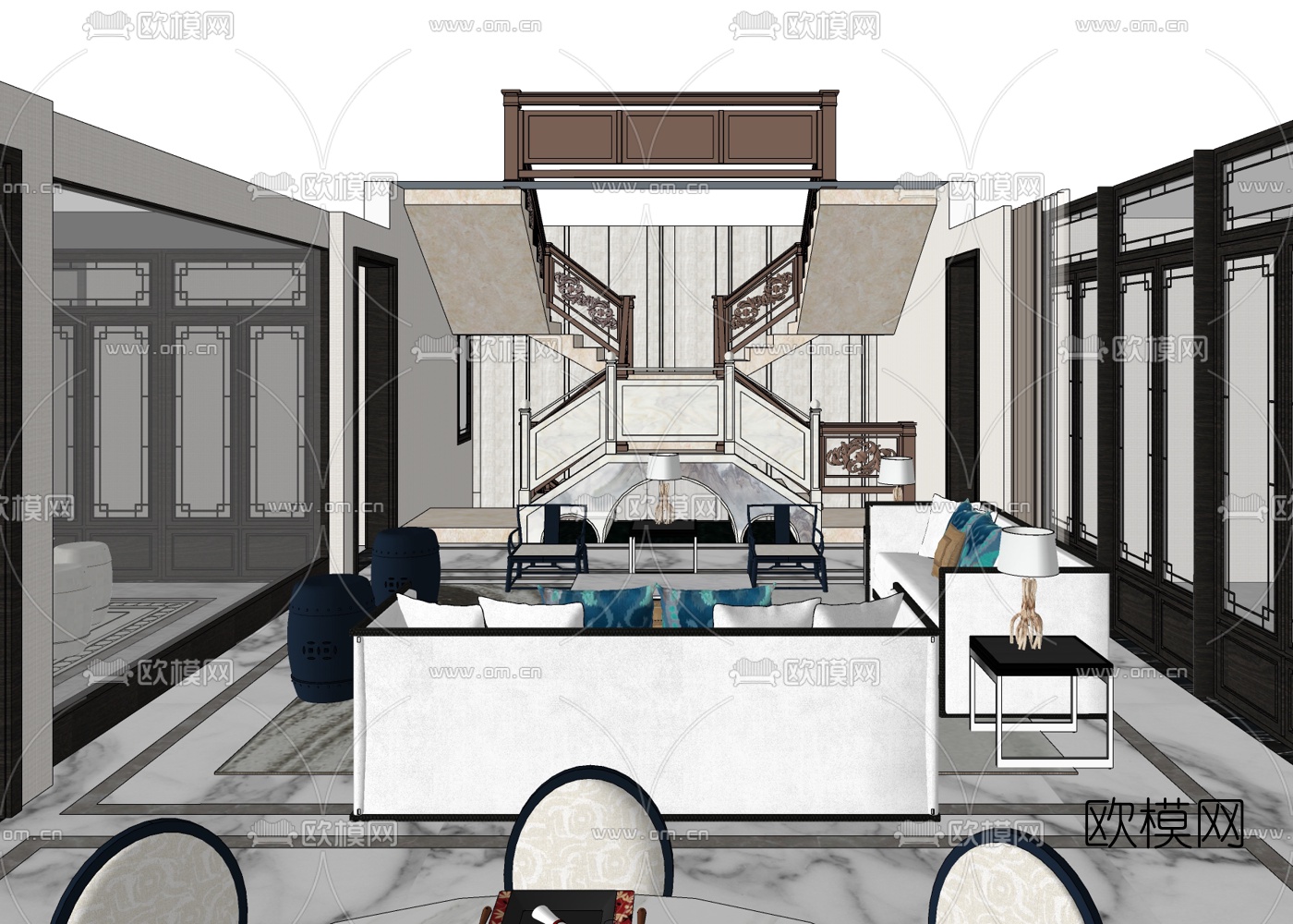 新中式别墅大堂餐厅su模型下载（渲染图5）