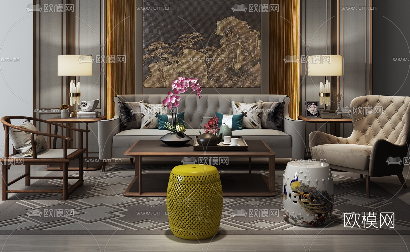 新中式布艺沙发组合3d模型