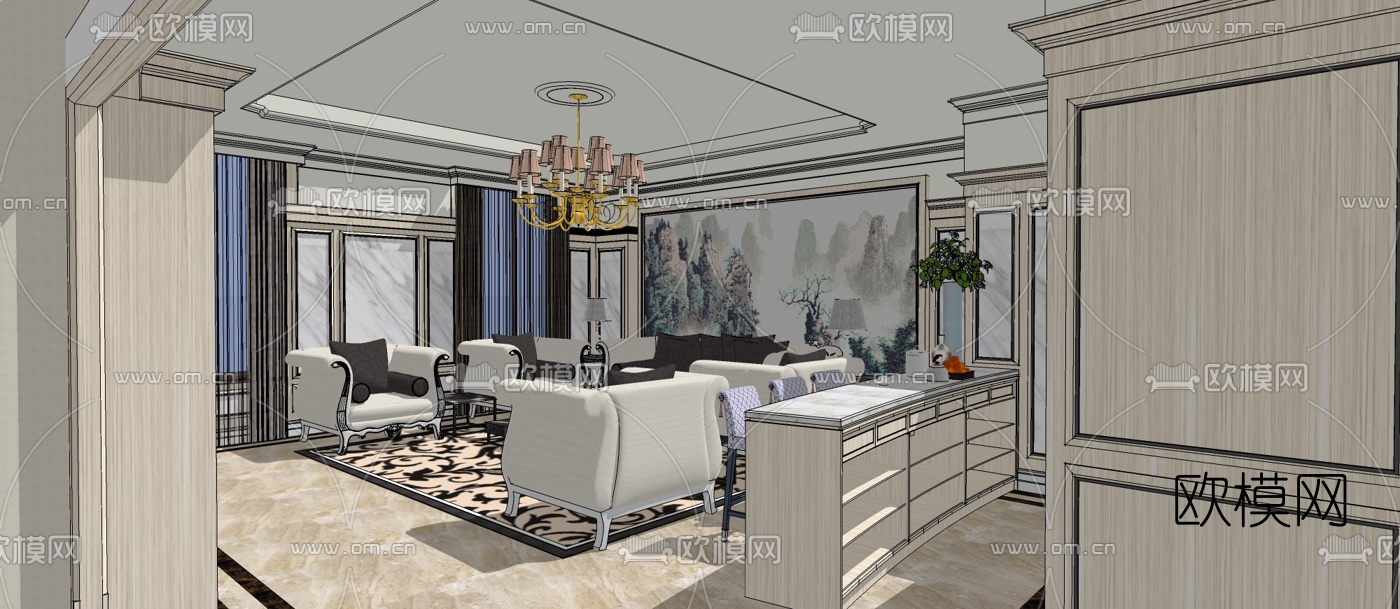 欧式轻奢客厅餐厅su模型