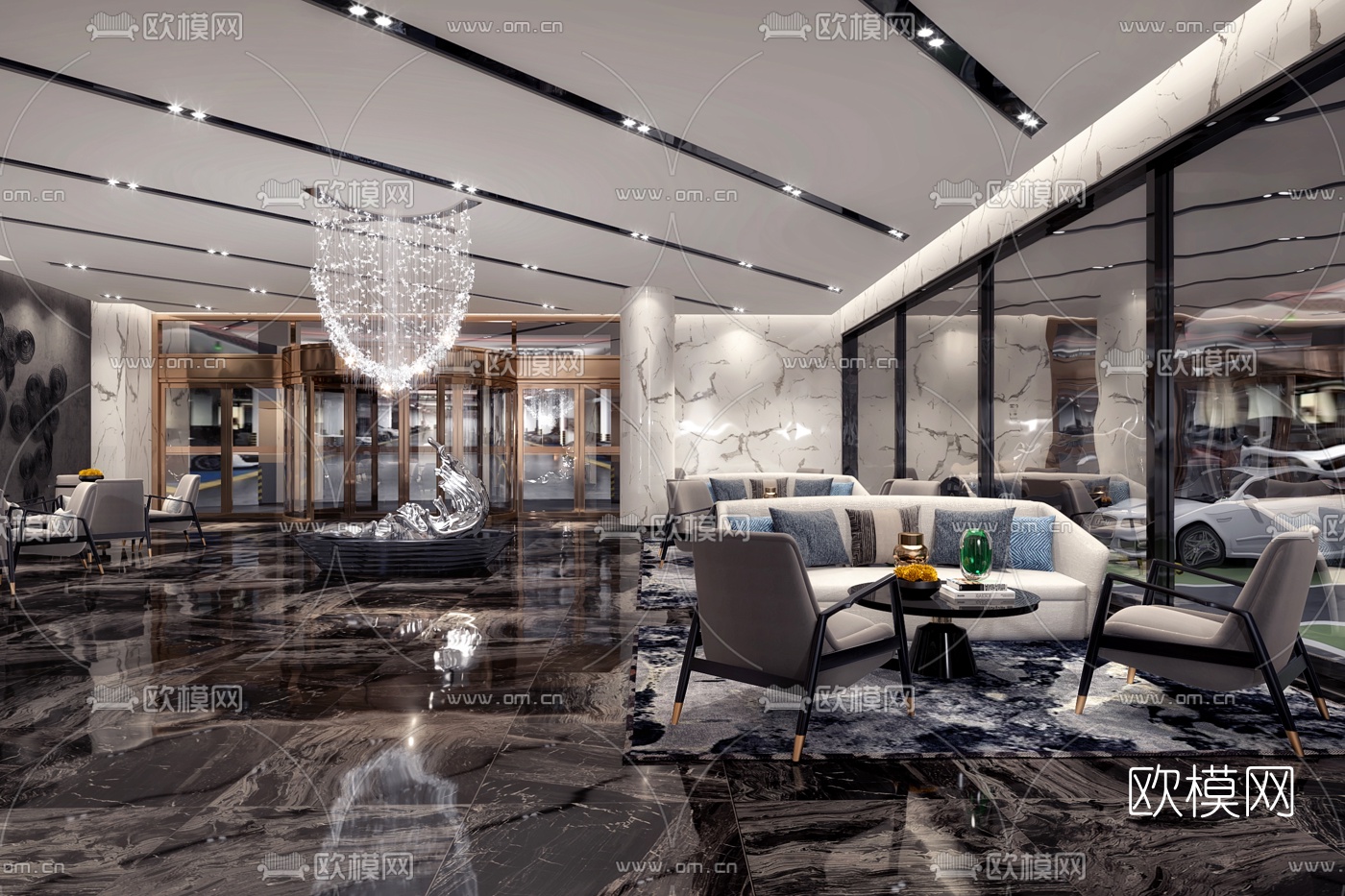 现代轻奢地下休息区3d模型下载（渲染图3）