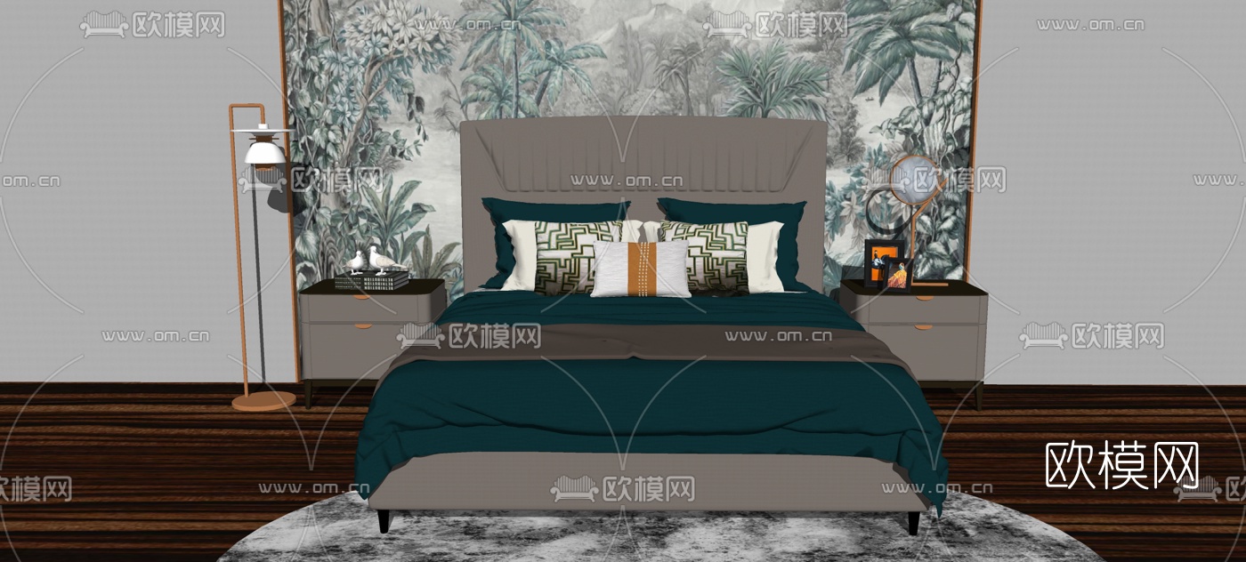 新中式双人床组合su模型下载（渲染图1）