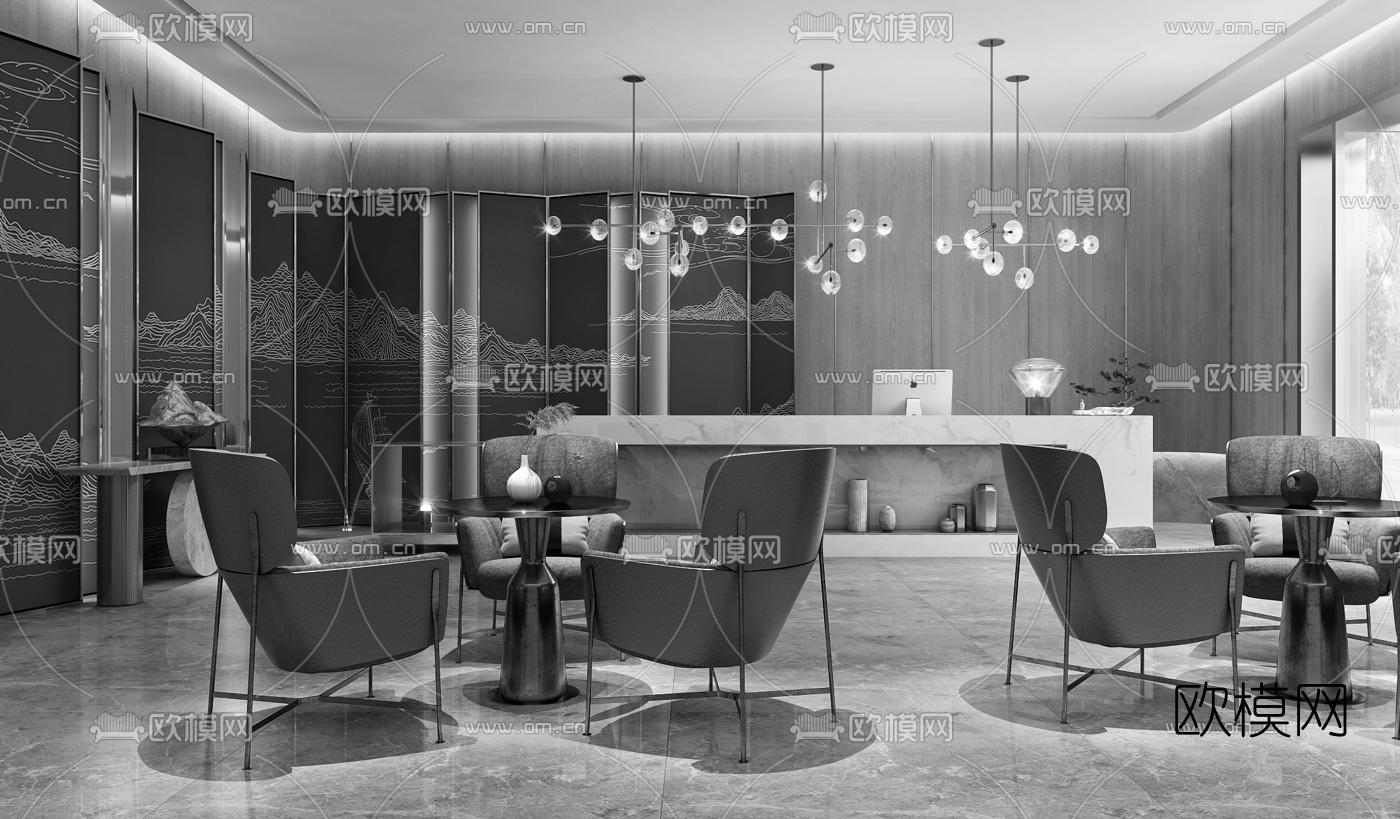 新中式酒店前台接待区3d模型下载（渲染图2）