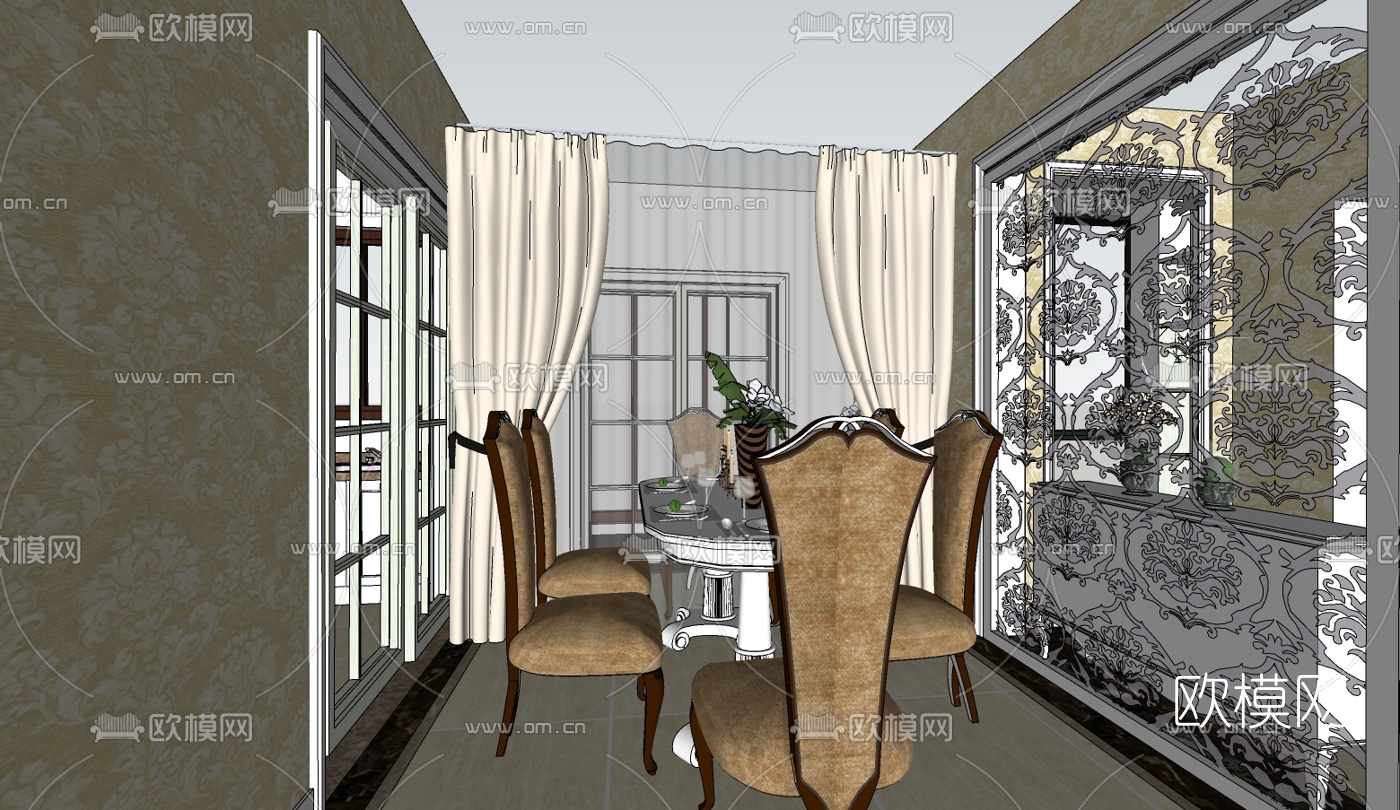 欧式客餐厅su模型下载（渲染图6）