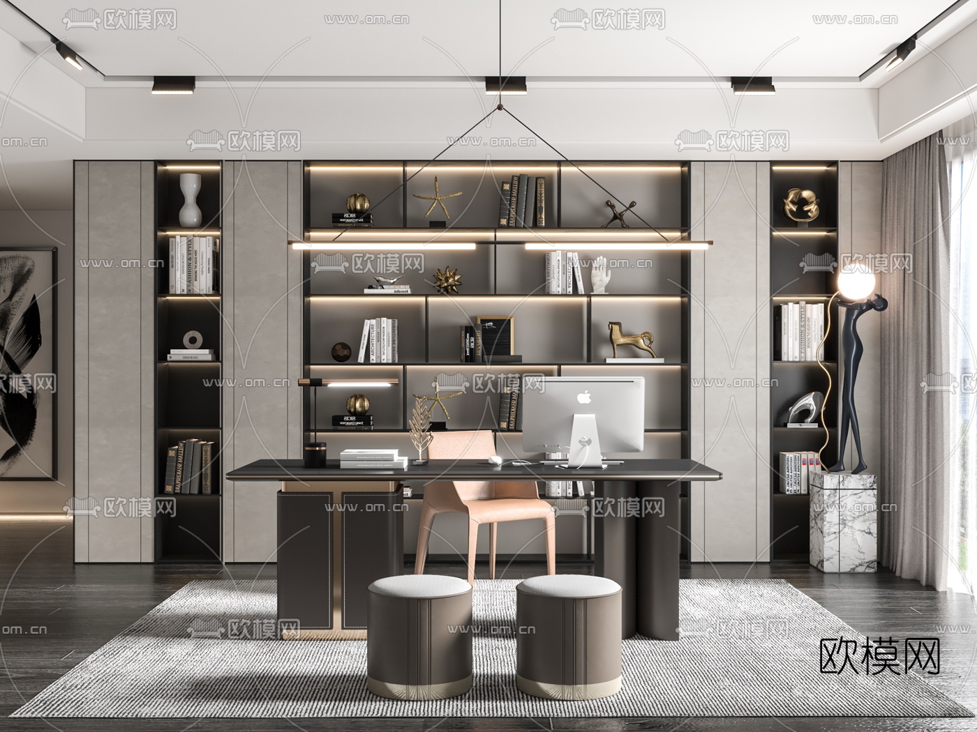现代书房su模型下载（渲染图1）