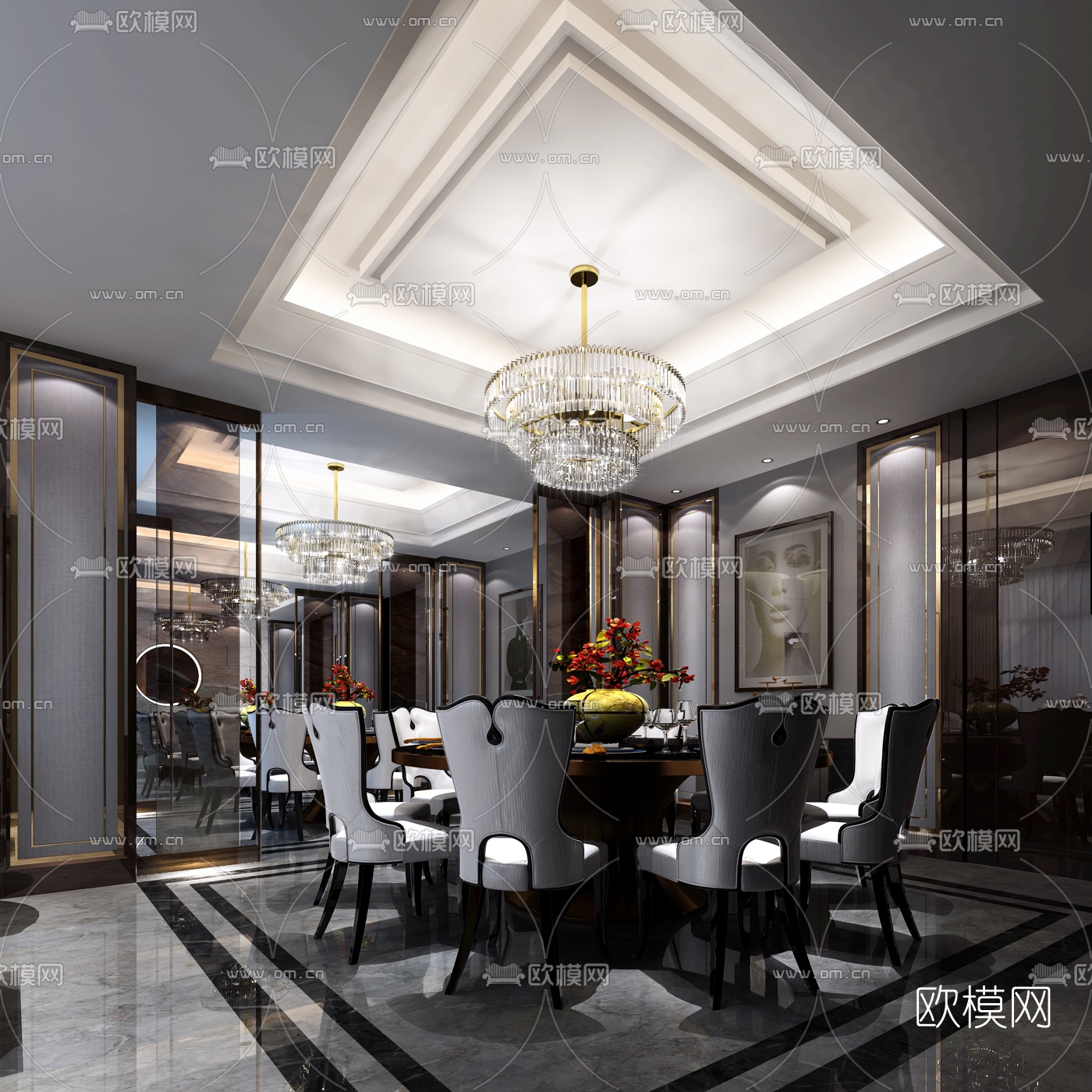 现代轻奢餐厅包厢3D模型-免费3dmax模型库-欧模网