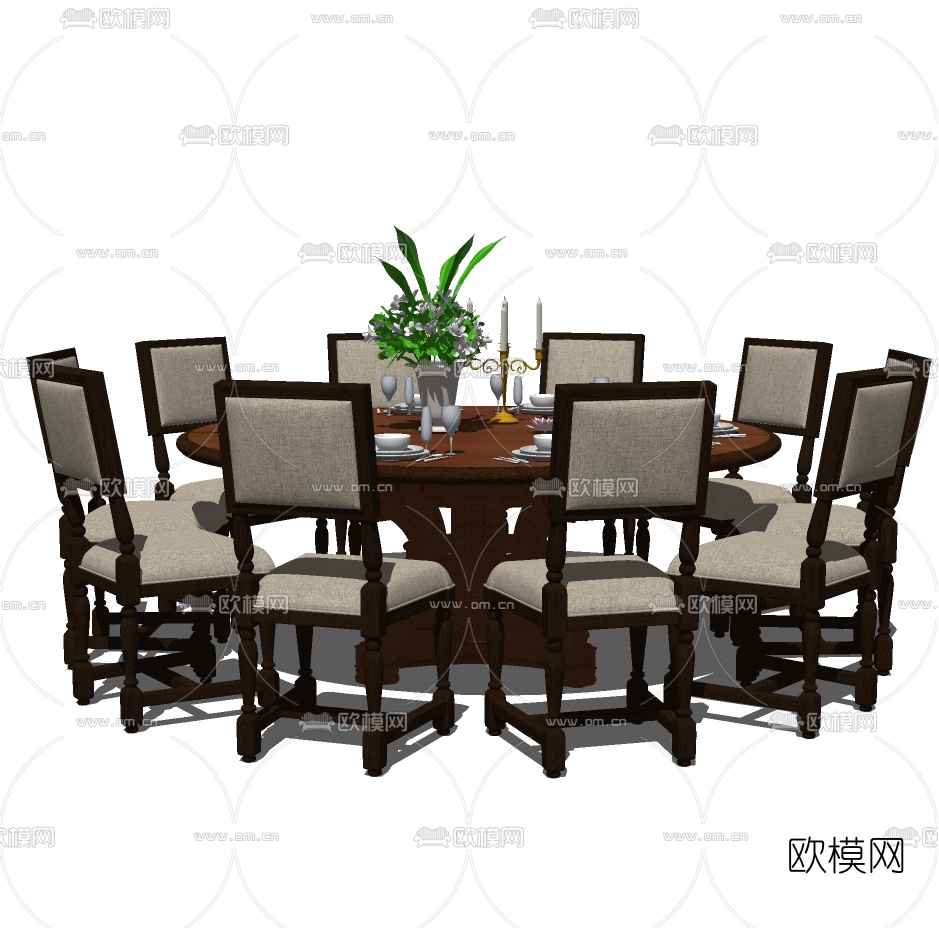 美式实木圆形餐桌椅免费su模型下载（渲染图3）