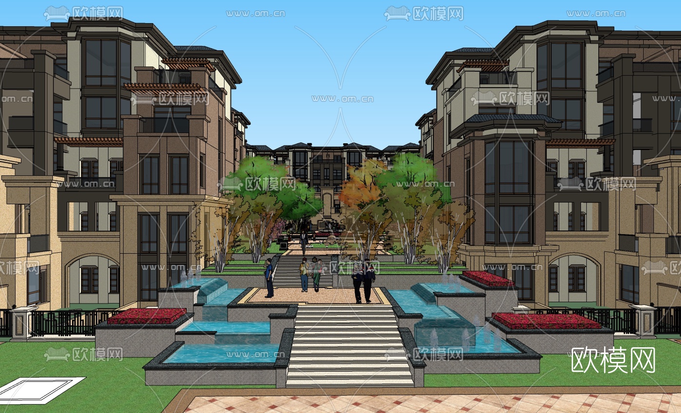 欧式小区规划免费su模型下载（渲染图1）