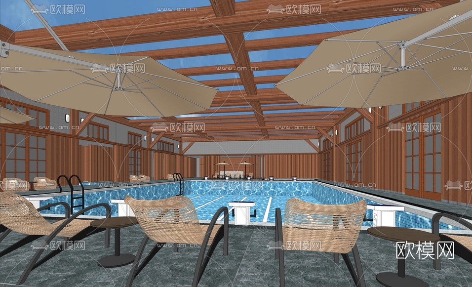 现代游泳馆阳光泳池su模型下载