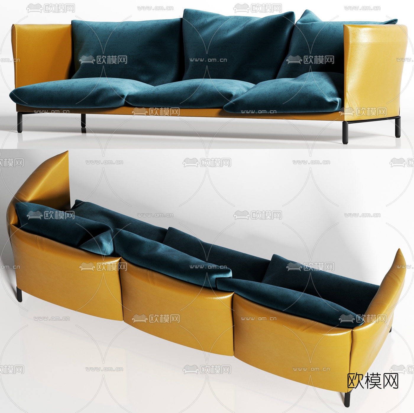 现代轻奢皮革绒布多人沙发 三人沙发3d模型下载