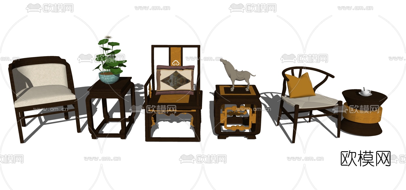 中式实木圈椅边几组合su模型下载