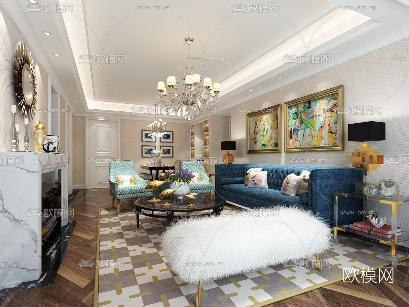 简欧客厅餐厅3D模型-免费3dmax模型库-欧模网