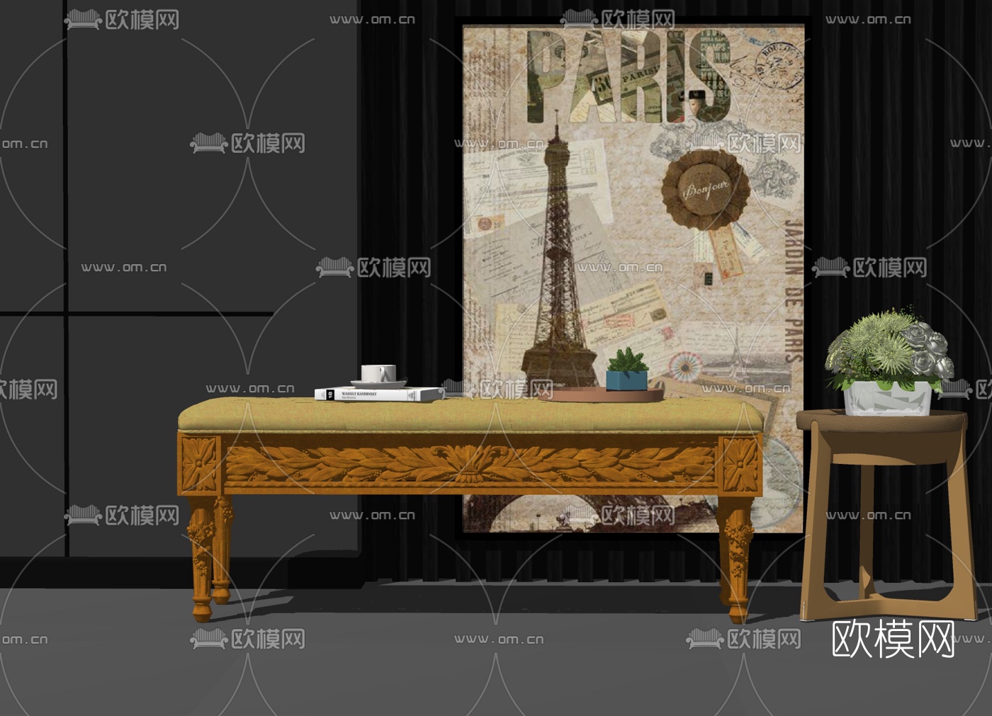 欧式金属布艺脚踏su模型下载