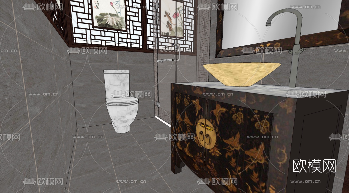 中式卫生间免费su模型下载（渲染图3）