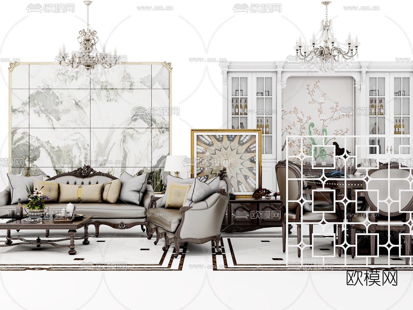 欧式组合沙发餐桌椅组合3d模型下载