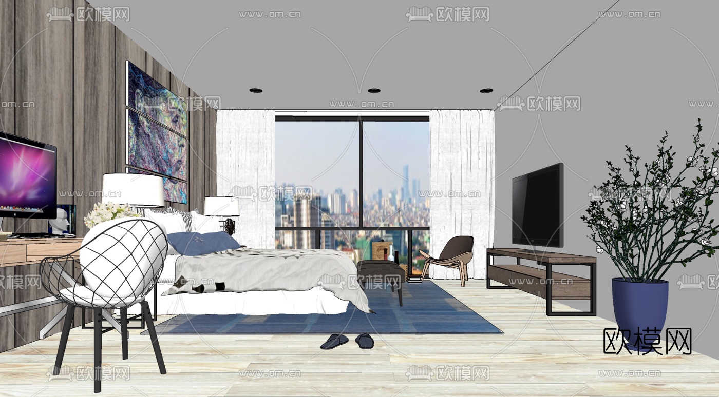 北欧卧室主人房su模型下载（渲染图1）