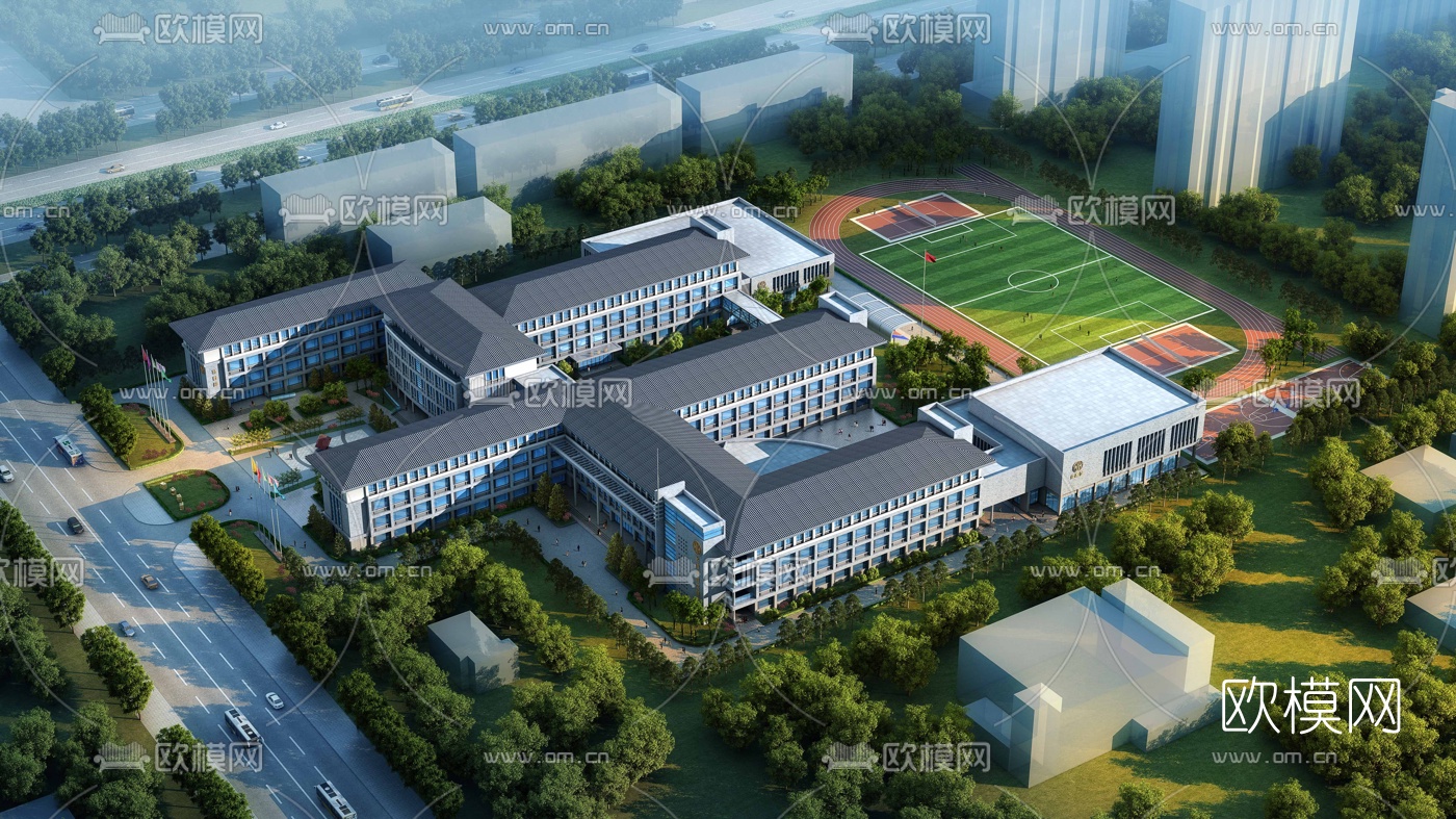 新中式学校建筑外观3d模型