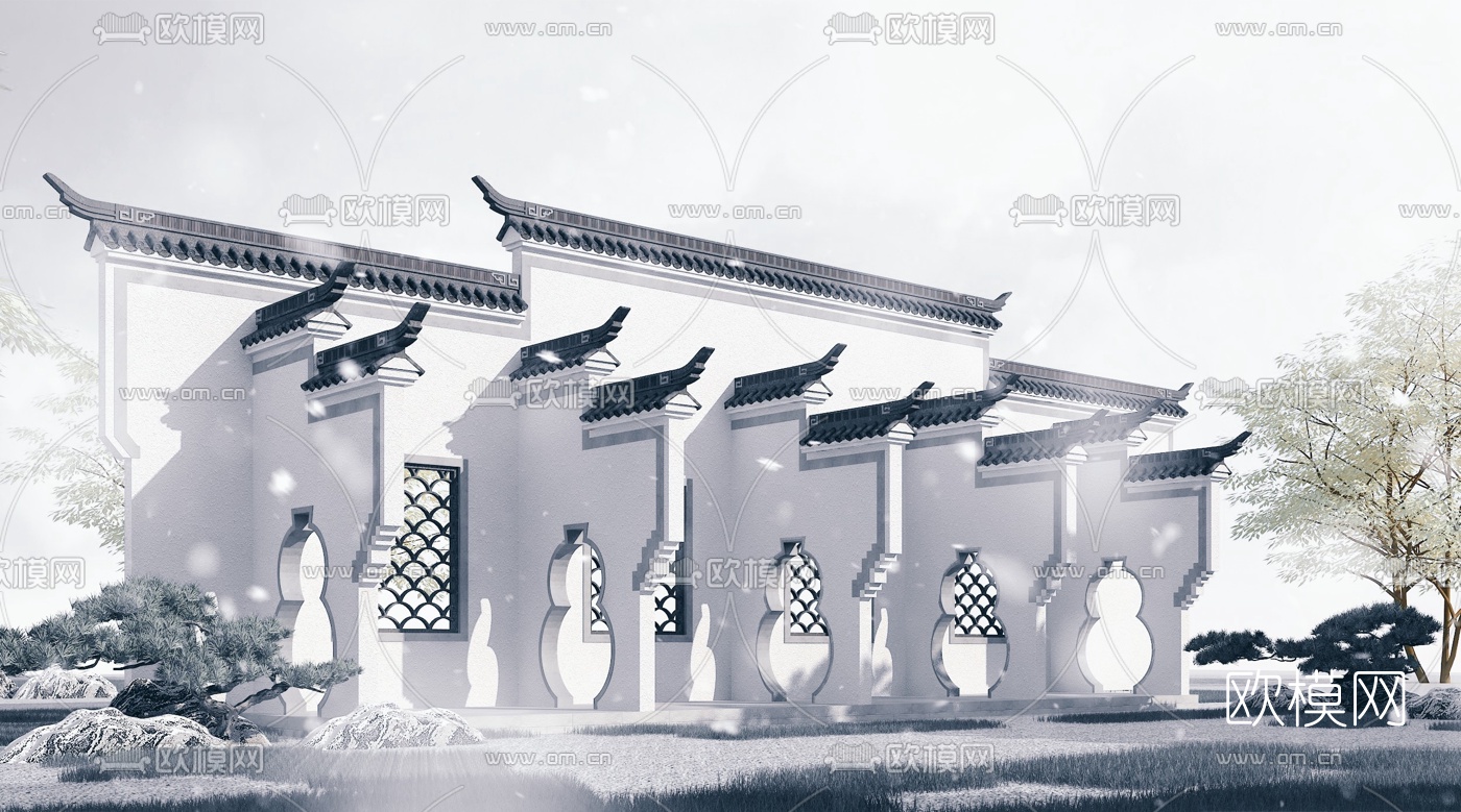 中式马头墙花窗景观墙3d模型