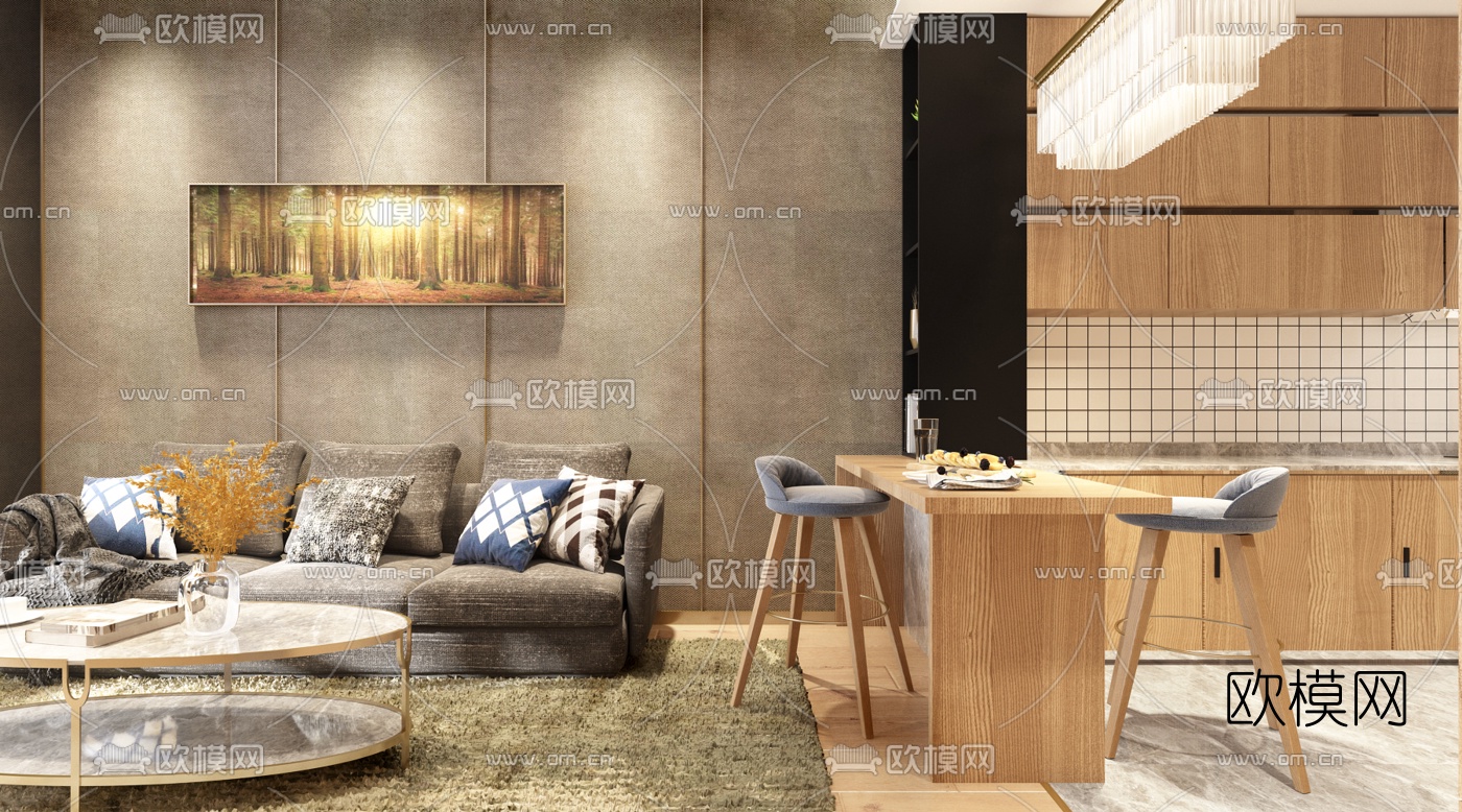 现代公寓客厅餐厅厨房3D模型