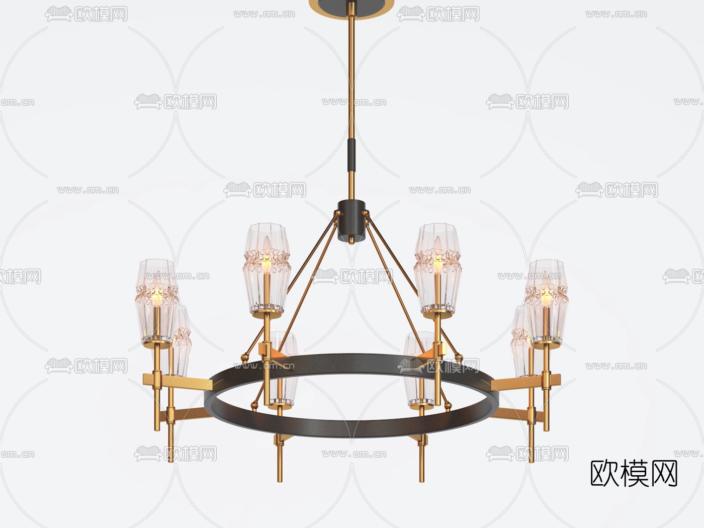 美式金属多头吊灯组合3d模型下载（渲染图1）