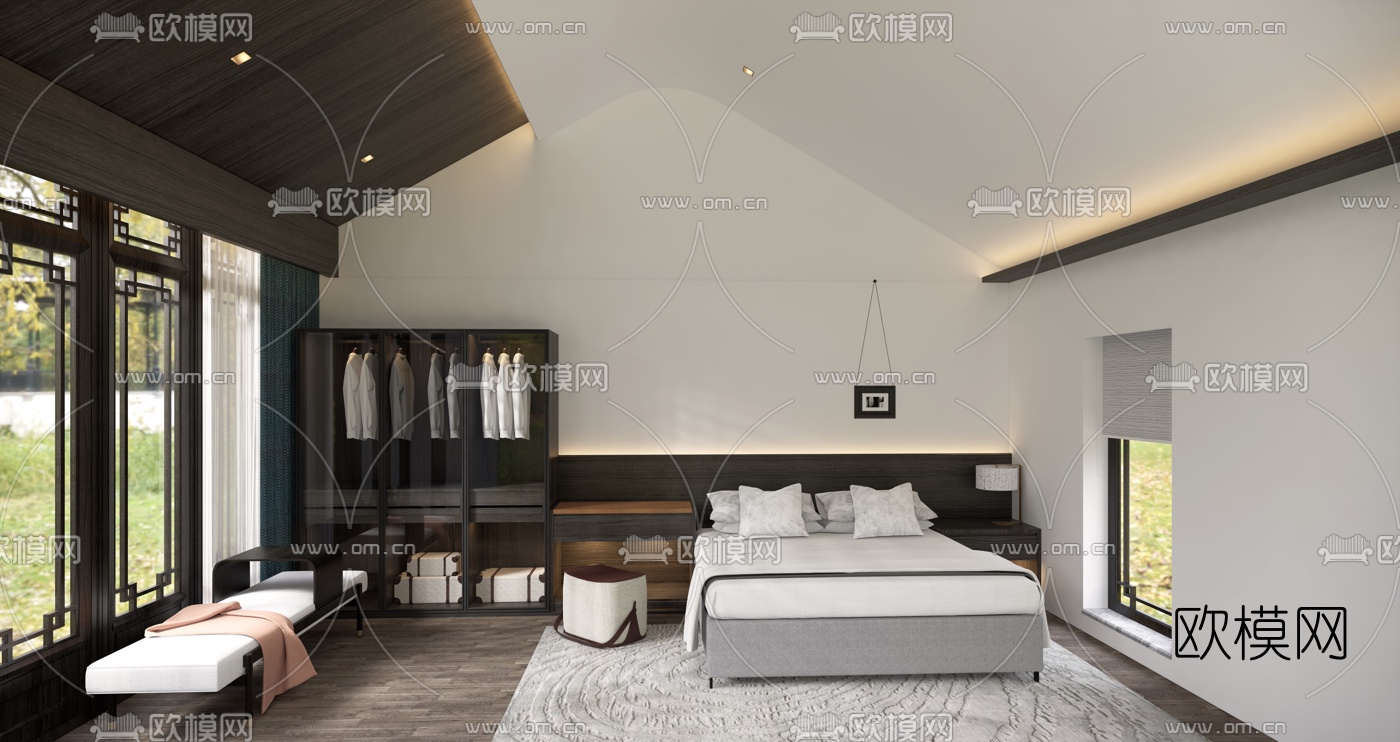 新中式网红酒店客房su模型下载（渲染图1）