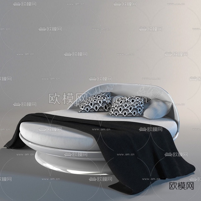 现代圆形白色布艺双人床3D模型免费下载