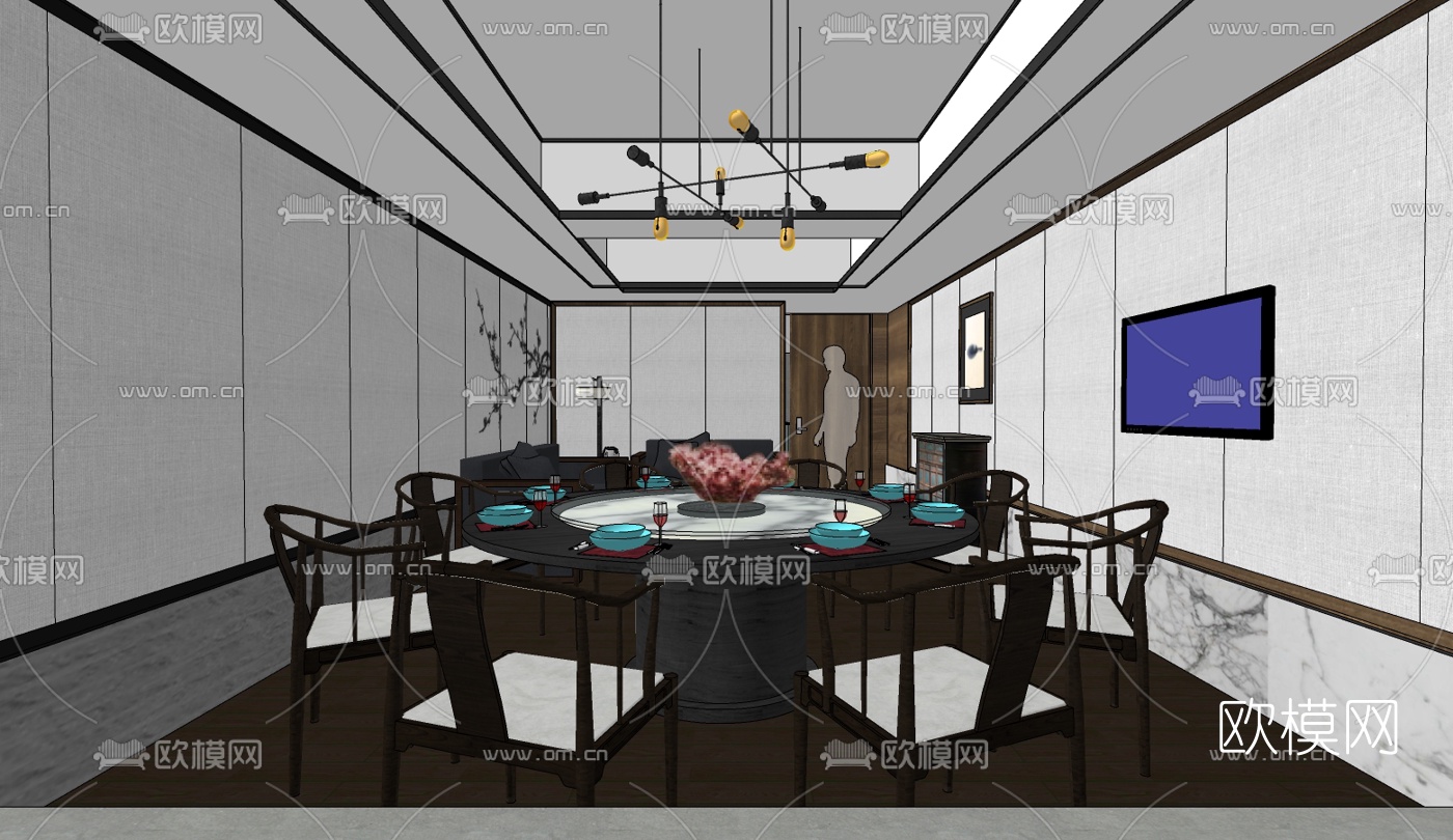新中式餐厅su模型