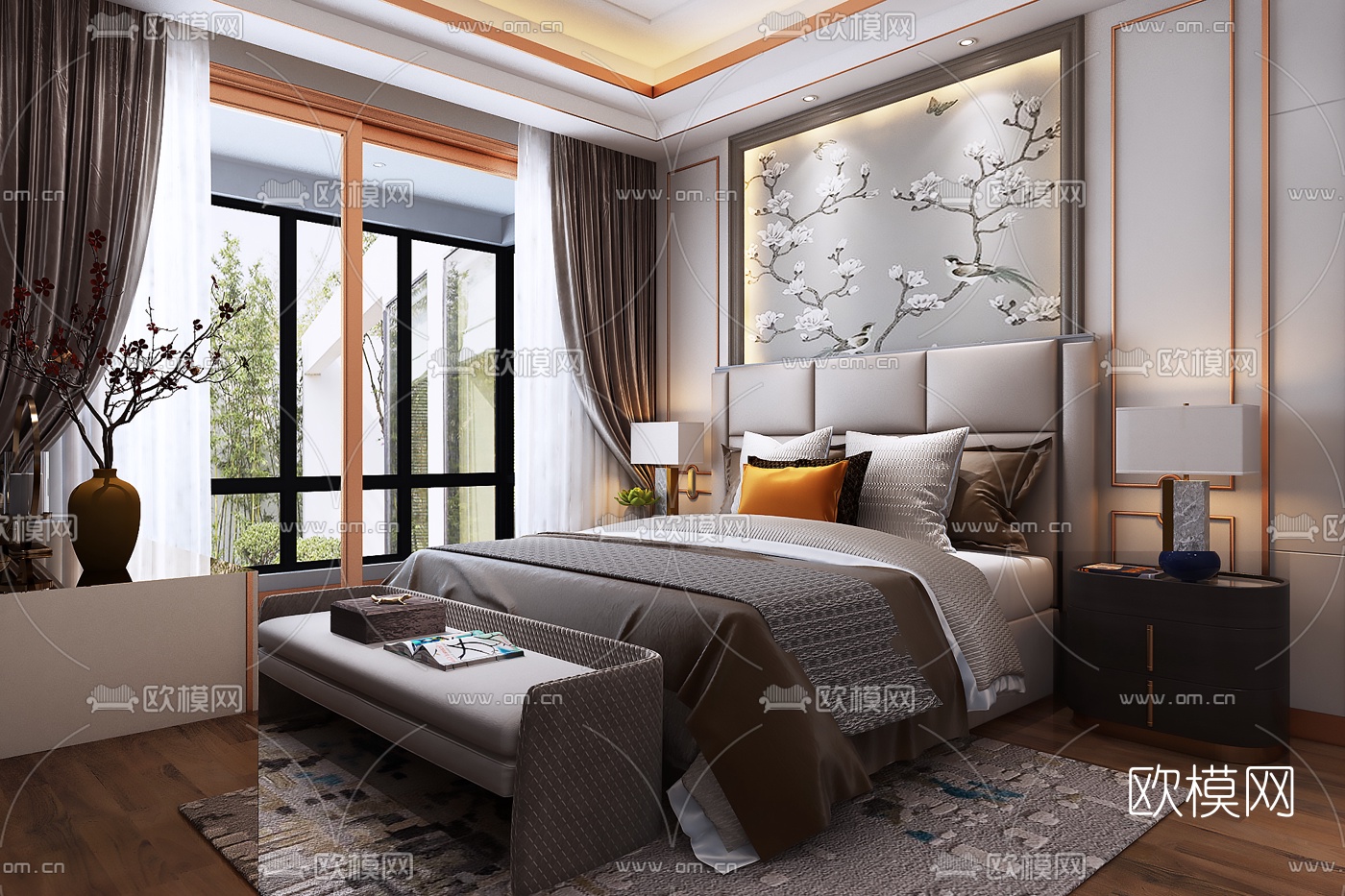 新中式卧室主人房3d模型下载