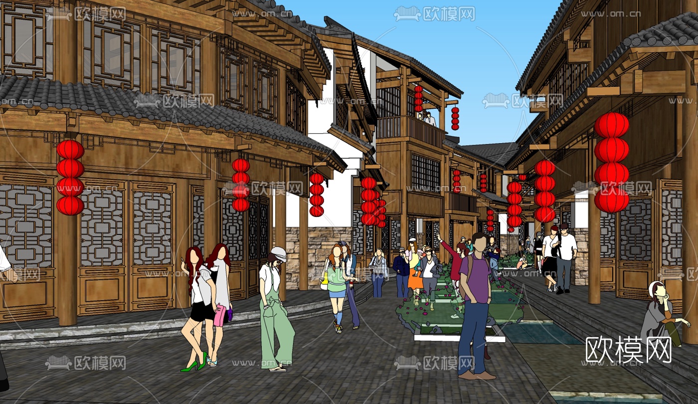 中式民俗商业街免费su模型下载（渲染图1）