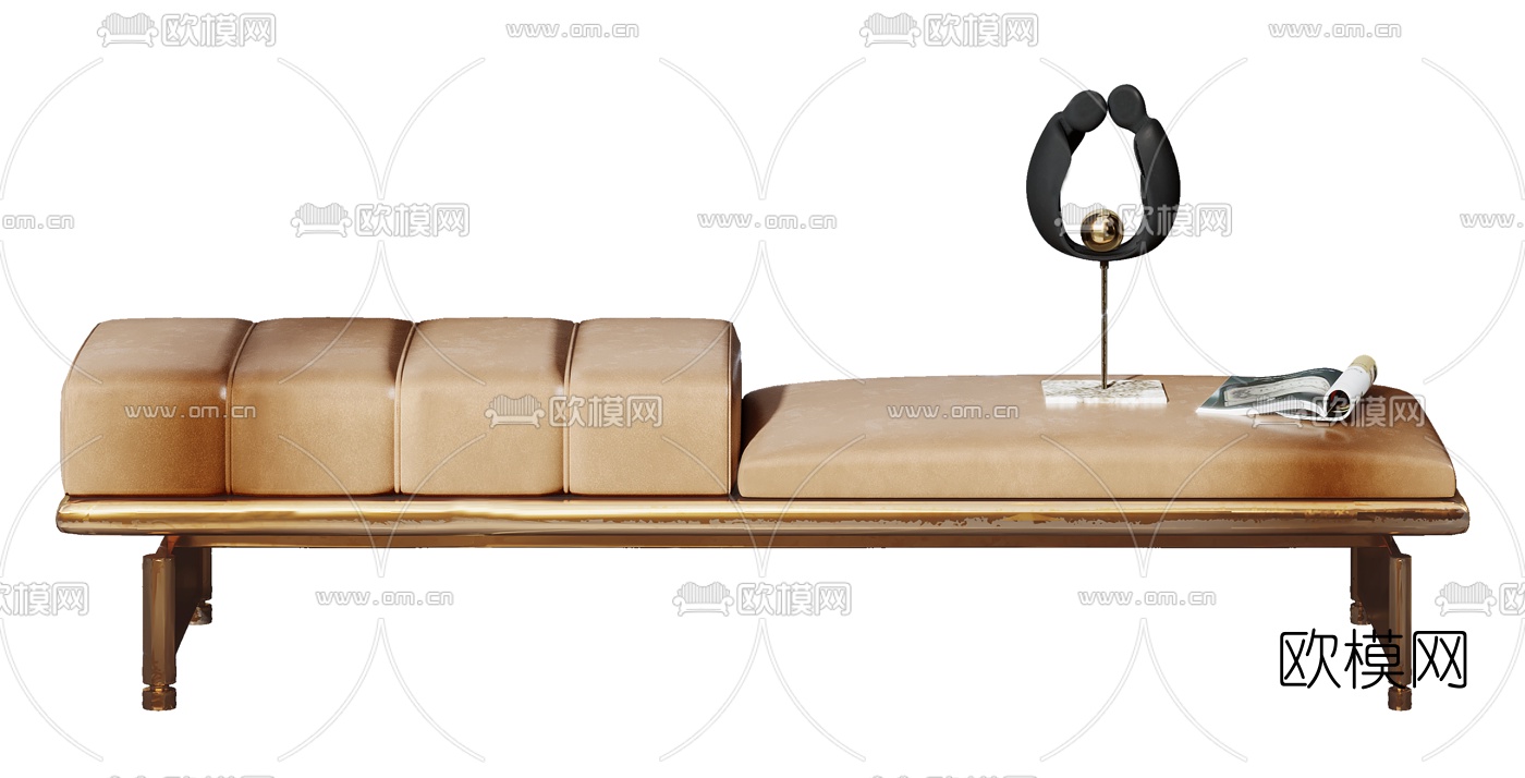 新中式皮革床尾凳3d模型下载（渲染图2）