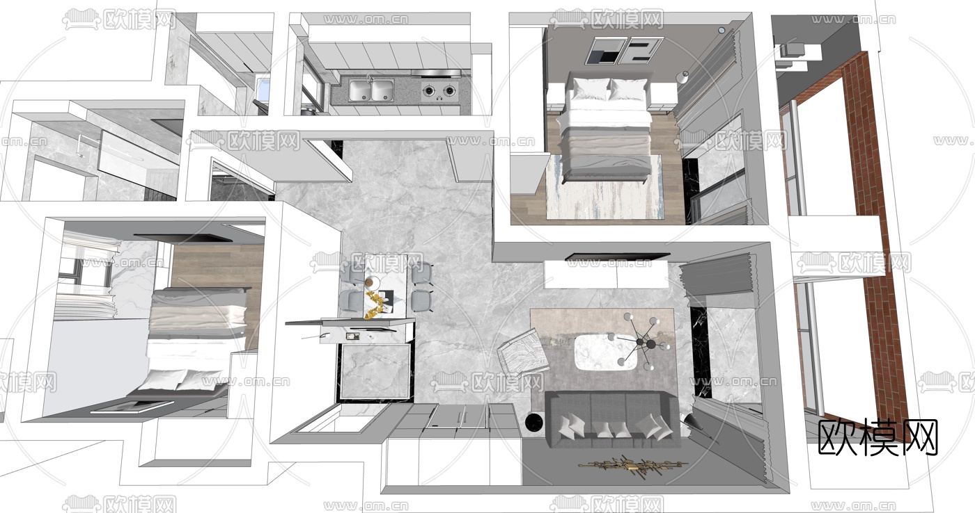 现代高级灰客厅餐厅su模型下载（渲染图5）