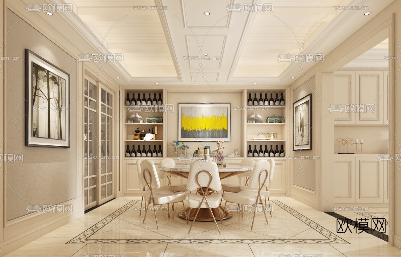 欧式客厅餐厅3D模型下载（渲染图2）