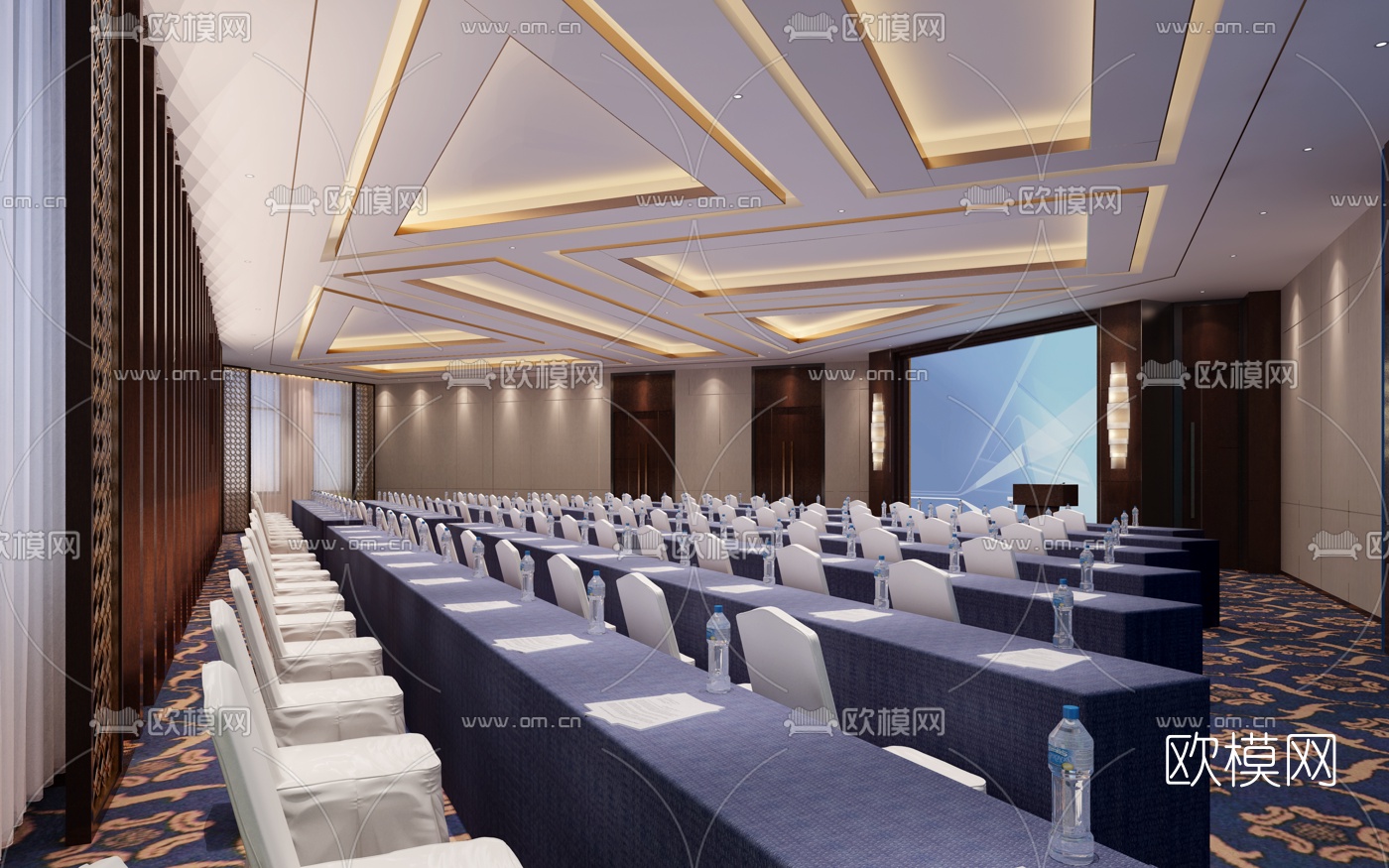 新中式酒店多功能厅会议室报告厅3D模型-免费3dmax模型库-欧模网