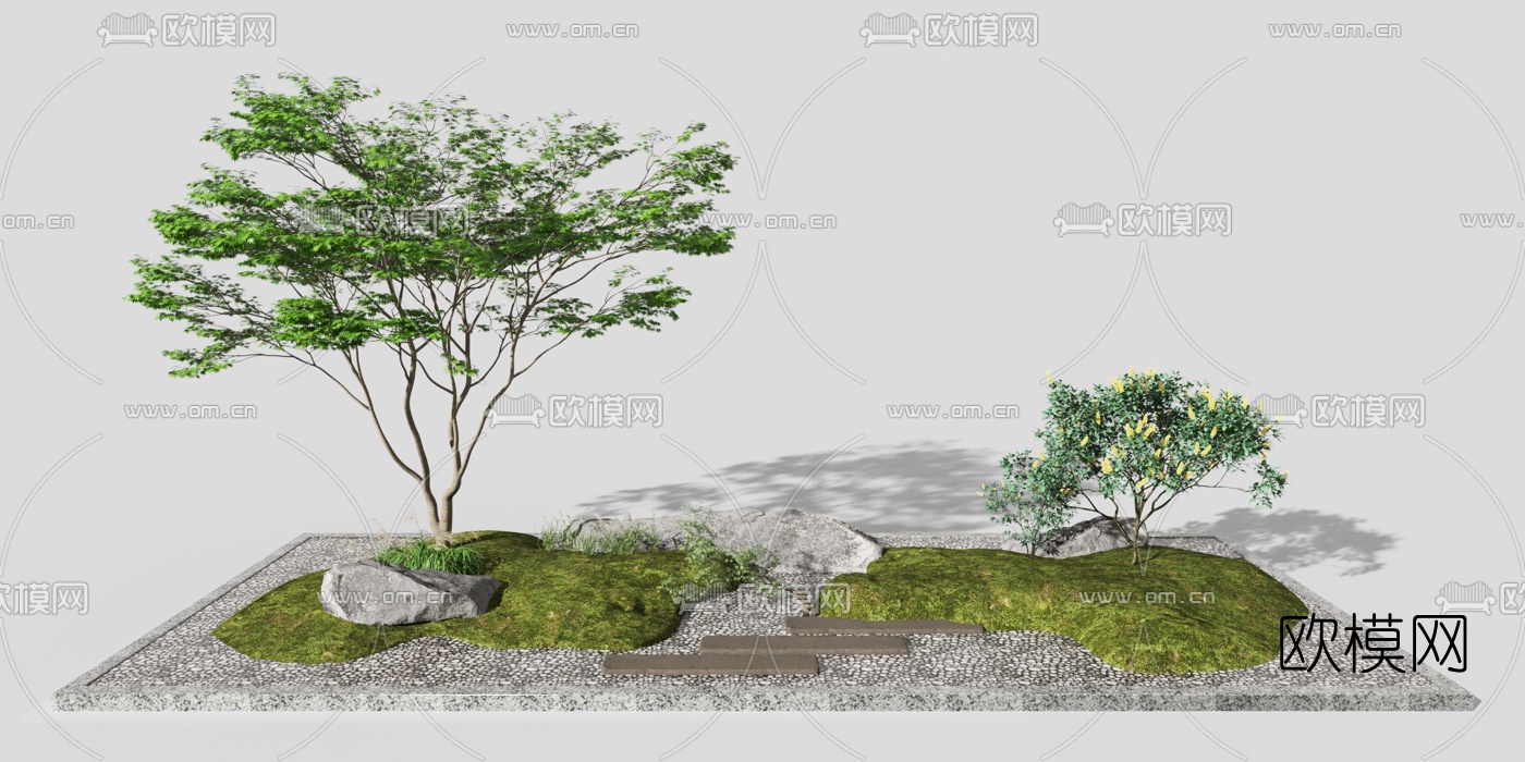 现代石阶红枫树景观小品3d模型下载（渲染图3）